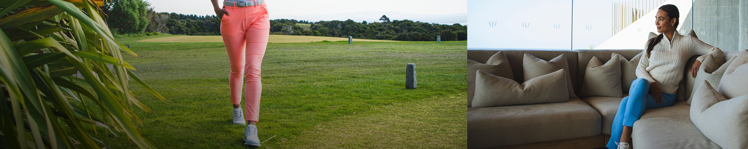 A pair of pink KJUS golf pants walk forward on the golf course. The right side of the image is overlayed with a woman sitting on a couch with blue pants.