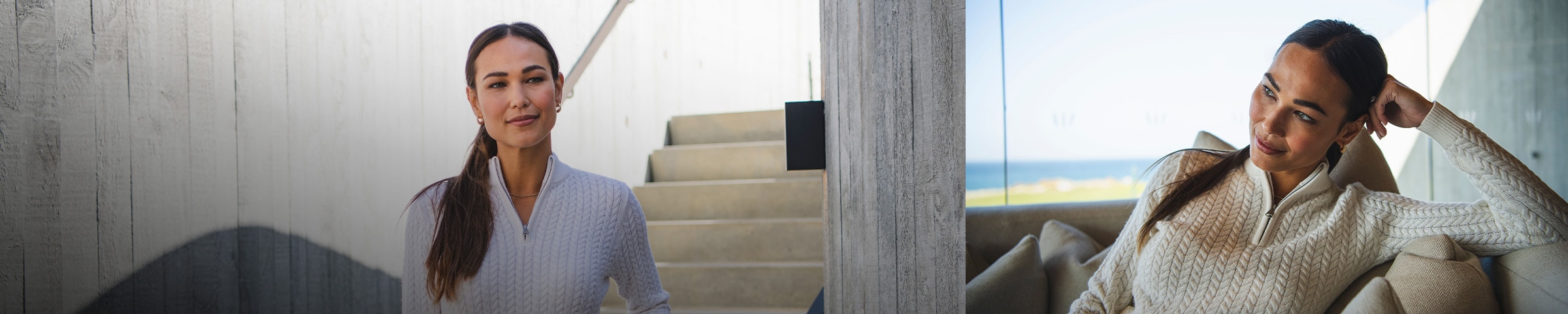 A woman wearing a KJUS Cashmere Luxe Half-Zip walks down concrete stair steps, the sun shining brightly behind her.